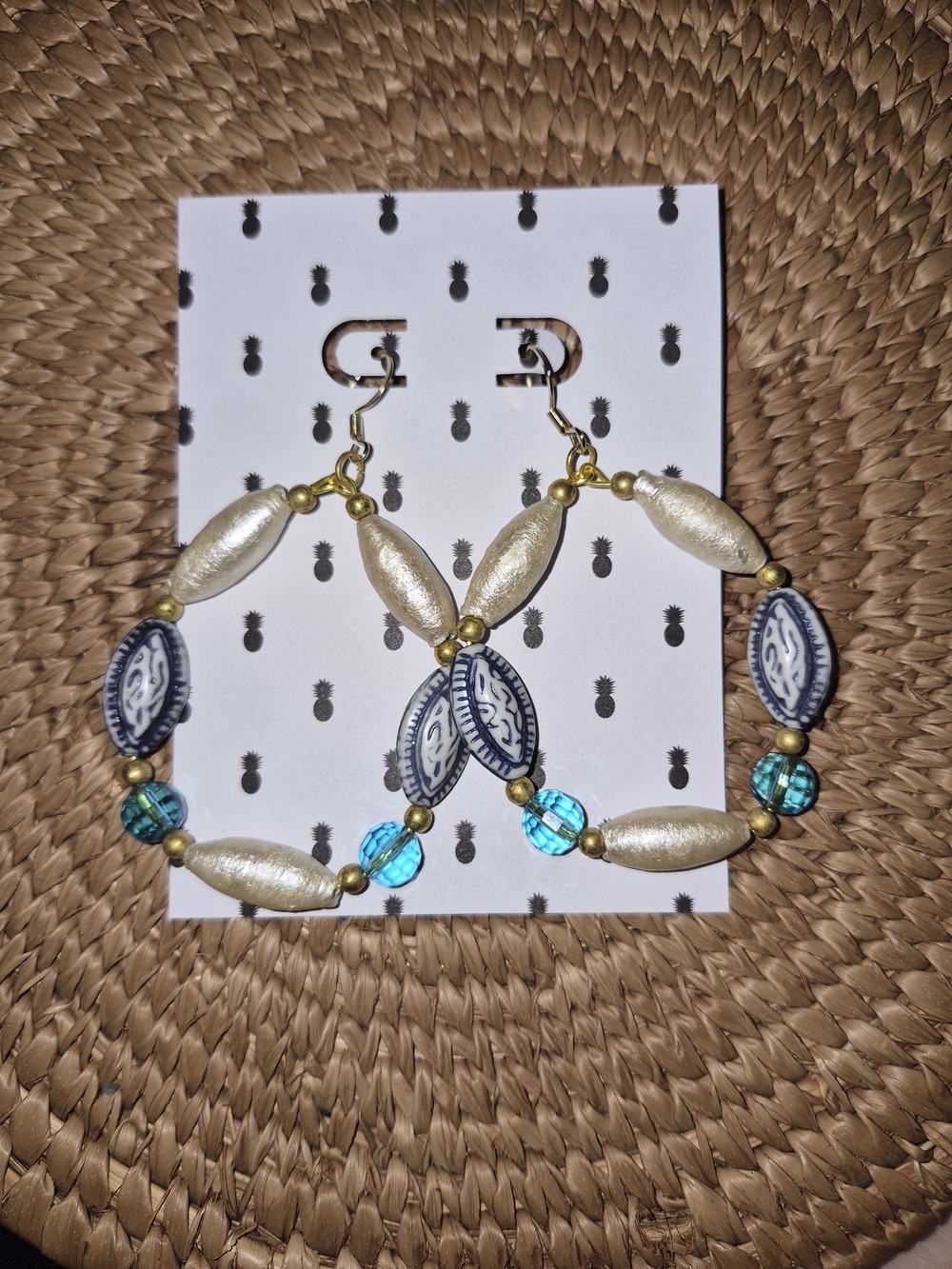 Handmade Blue & Gold Beaded Hoop Earrings